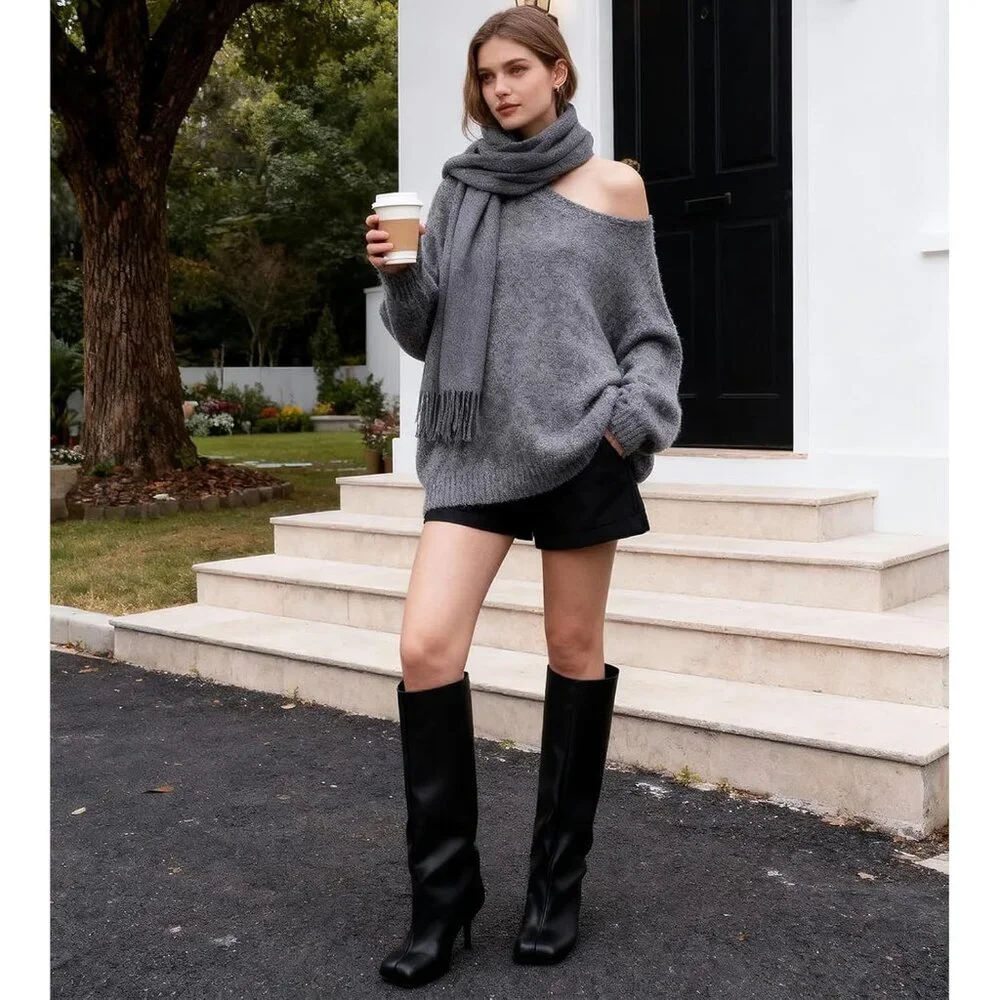 Women's Black Pu Wide Calf Square Toe Stiletto Heels Knee High Suede Boots